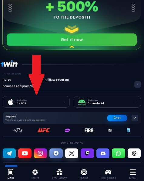 Download 1win app on IOS